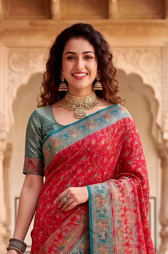 Red Color  Kashmiri Thread Wooven Work Silk Blend Saree