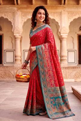 Red Color  Kashmiri Thread Wooven Work Silk Blend Saree 3