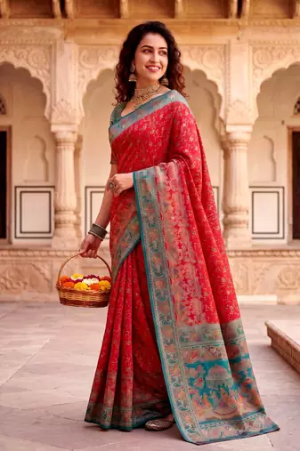 Red Color  Kashmiri Thread Wooven Work Silk Blend Saree