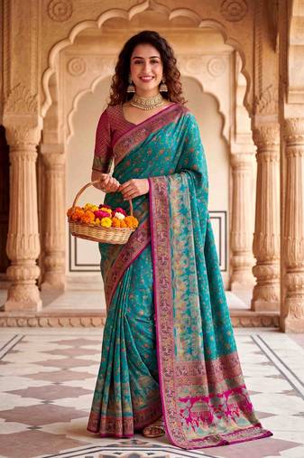 Teal Color  Kashmiri Thread Wooven Work Silk Blend Saree
