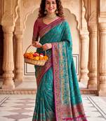 Teal Color  Kashmiri Thread Wooven Work Silk Blend Saree
