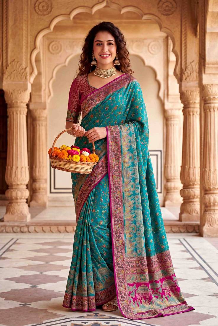 Teal Color  Kashmiri Thread Wooven Work Silk Blend Saree