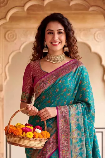 Teal Color  Kashmiri Thread Wooven Work Silk Blend Saree