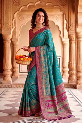 Teal Color  Kashmiri Thread Wooven Work Silk Blend Saree 3