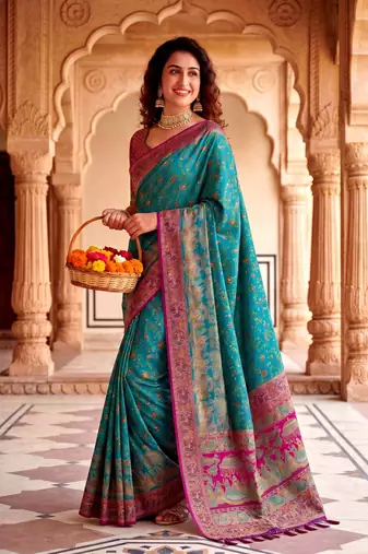 Teal Color  Kashmiri Thread Wooven Work Silk Blend Saree