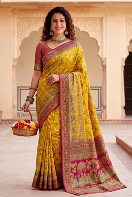 Yellow Color  Kashmiri Thread Wooven Work Silk Blend Saree 1