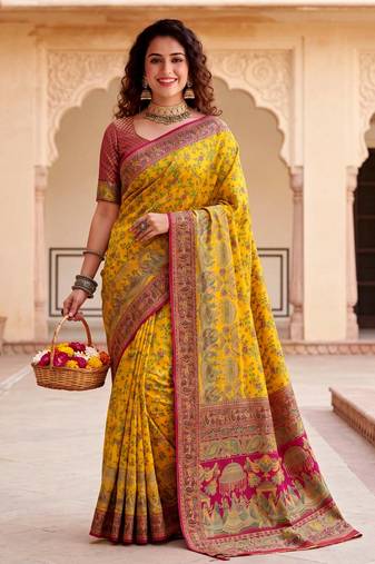 Yellow Color  Kashmiri Thread Wooven Work Silk Blend Saree