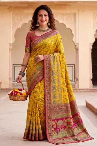 Yellow Color  Kashmiri Thread Wooven Work Silk Blend Saree