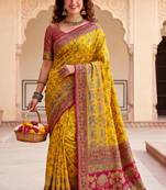 Yellow Color  Kashmiri Thread Wooven Work Silk Blend Saree