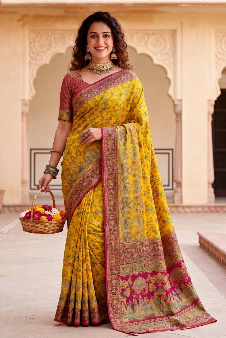 Yellow Color  Kashmiri Thread Wooven Work Silk Blend Saree