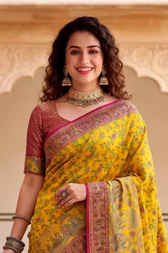 Yellow Color  Kashmiri Thread Wooven Work Silk Blend Saree
