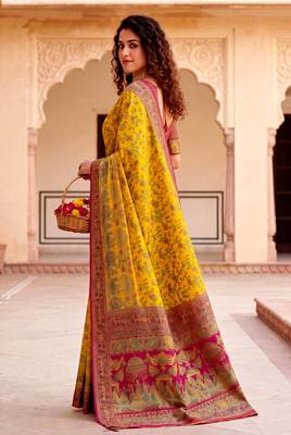 Yellow Color  Kashmiri Thread Wooven Work Silk Blend Saree 3