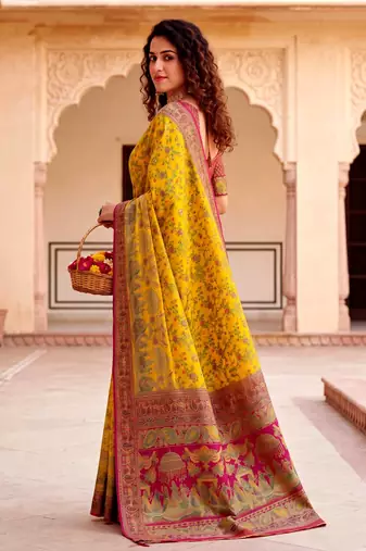 Yellow Color  Kashmiri Thread Wooven Work Silk Blend Saree