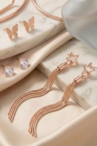 Set of 3 Rose-Gold-Plated Pear-Beaded Earrings 