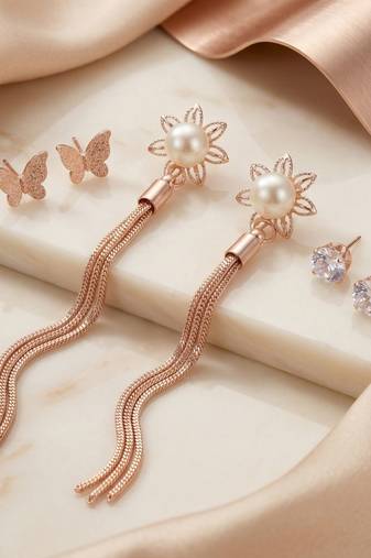 Wo  Set of 3 Rose-Gold-Plated Pear-Beaded Hoop Earrings