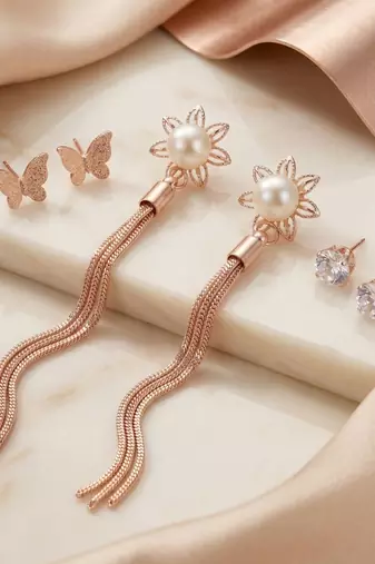 Wo  Set of 3 Rose-Gold-Plated Pear-Beaded Hoop Earrings