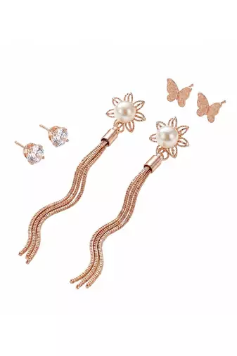 Wo  Set of 3 Rose-Gold-Plated Pear-Beaded Hoop Earrings