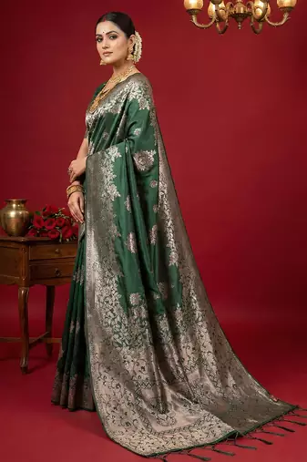 Green colour silk blend woven zari designer saree with blouse