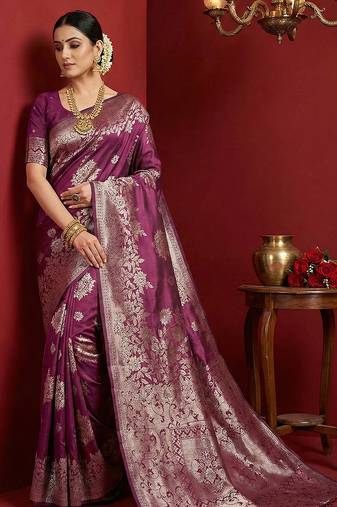 purple colour silk blend woven zari designer saree with blouse