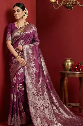 purple colour silk blend woven zari designer saree with blouse