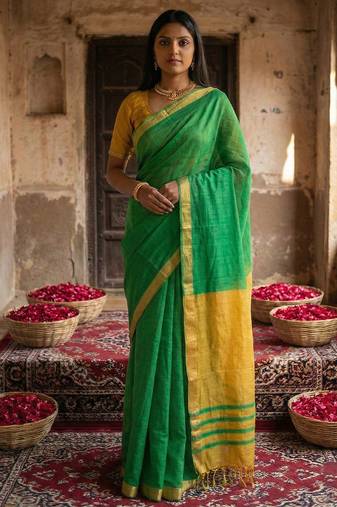 Green colour handloom cotton saree with contrast border & tassels