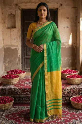 Green colour handloom cotton saree with contrast border & tassels