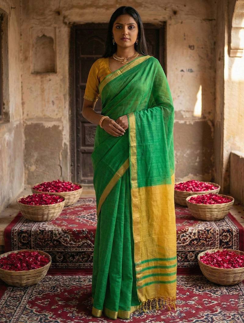 Green colour handloom cotton saree with contrast border & tassels