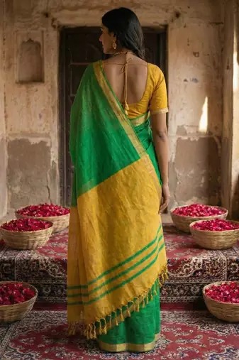 Green colour handloom cotton saree with contrast border & tassels