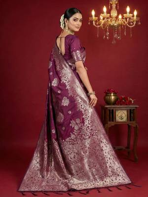 purple colour silk blend woven zari designer saree with blouse 3