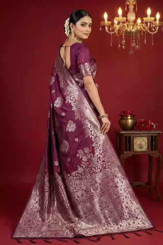 purple colour silk blend woven zari designer saree with blouse