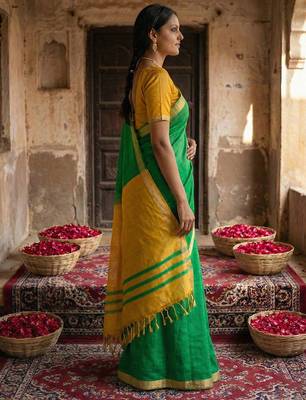 Green colour handloom cotton saree with contrast border & tassels 3