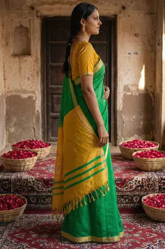 Green colour handloom cotton saree with contrast border & tassels