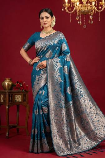 Teal blue colour silk blend woven zari designer saree with blouse