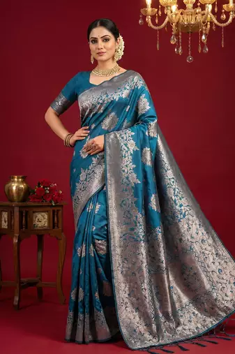 Teal blue colour silk blend woven zari designer saree with blouse