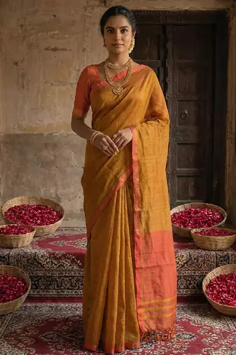 Brown colour handloom cotton saree with contrast border & tassels