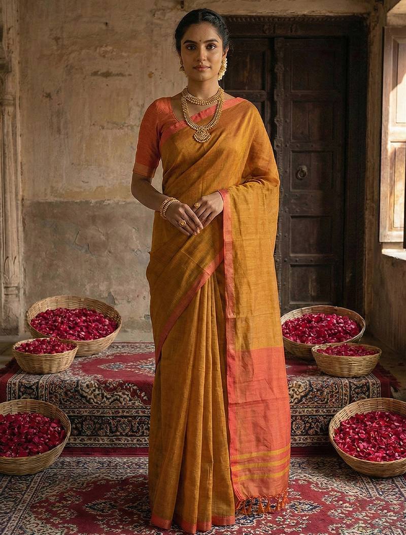 Brown colour handloom cotton saree with contrast border & tassels
