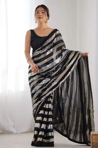 Black colour heavy georgette sequin saree with blouse