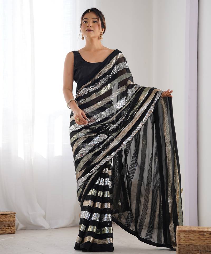 Black colour heavy georgette sequin saree with blouse