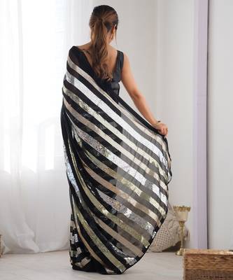 Black colour heavy georgette sequin saree with blouse 2