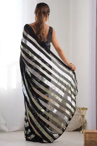 Black colour heavy georgette sequin saree with blouse