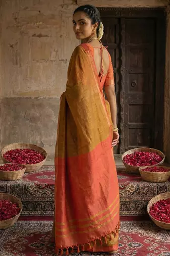Brown colour handloom cotton saree with contrast border & tassels