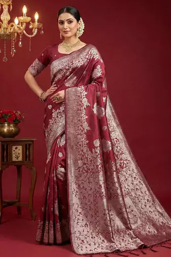 Maroon colour silk blend woven zari designer saree with blouse