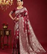 Maroon colour silk blend woven zari designer saree with blouse