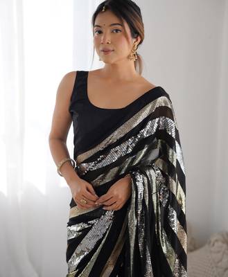 Black colour heavy georgette sequin saree with blouse 3