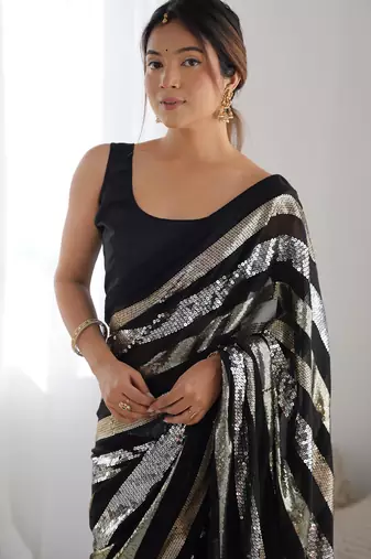 Black colour heavy georgette sequin saree with blouse