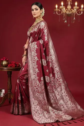 Maroon colour silk blend woven zari designer saree with blouse