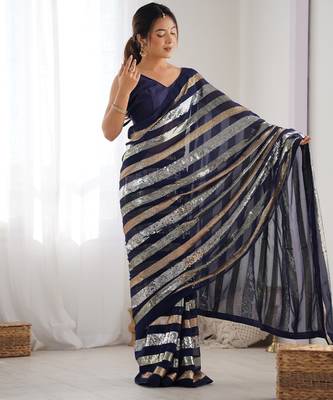Blue colour heavy georgette sequin saree with blouse 1