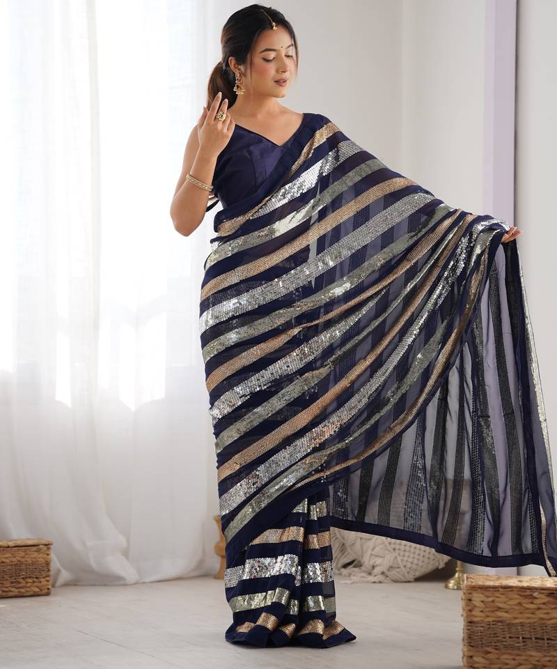 Blue colour heavy georgette sequin saree with blouse