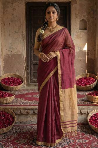 Wine colour handloom cotton saree with contrast border & tassels