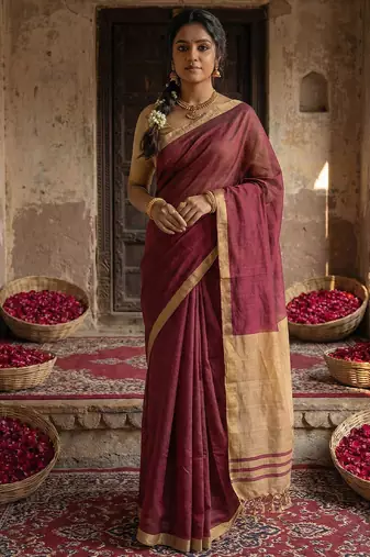 Wine colour handloom cotton saree with contrast border & tassels